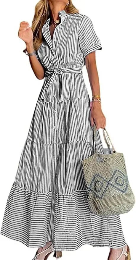 Effortless Striped Maxi Dress for Women with Collared Neck Short Sleeve Belted Casual Style