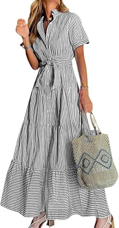 Effortless Striped Maxi Dress for Women with Collared Neck Short Sleeve Belted Casual Style