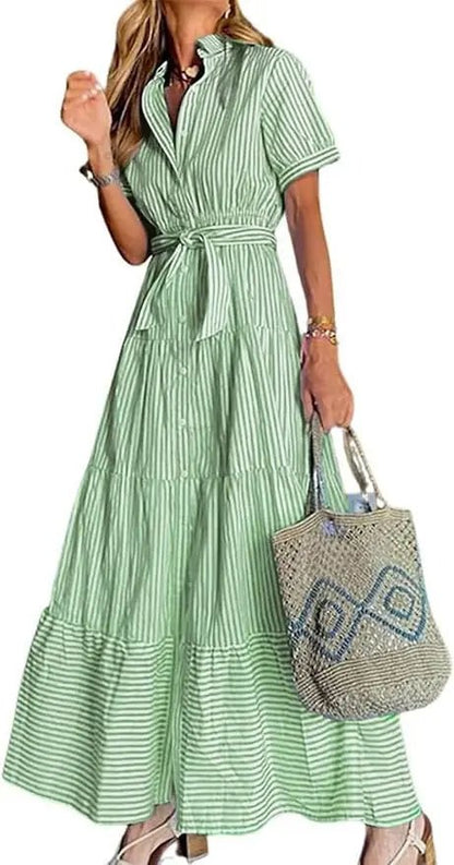 Effortless Striped Maxi Dress for Women with Collared Neck Short Sleeve Belted Casual Style