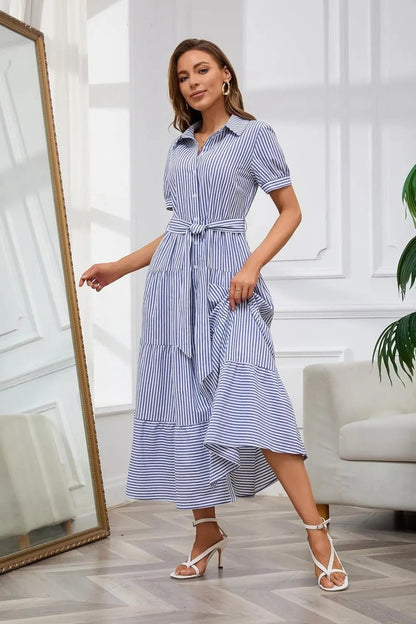 Effortless Striped Maxi Dress for Women with Collared Neck Short Sleeve Belted Casual Style