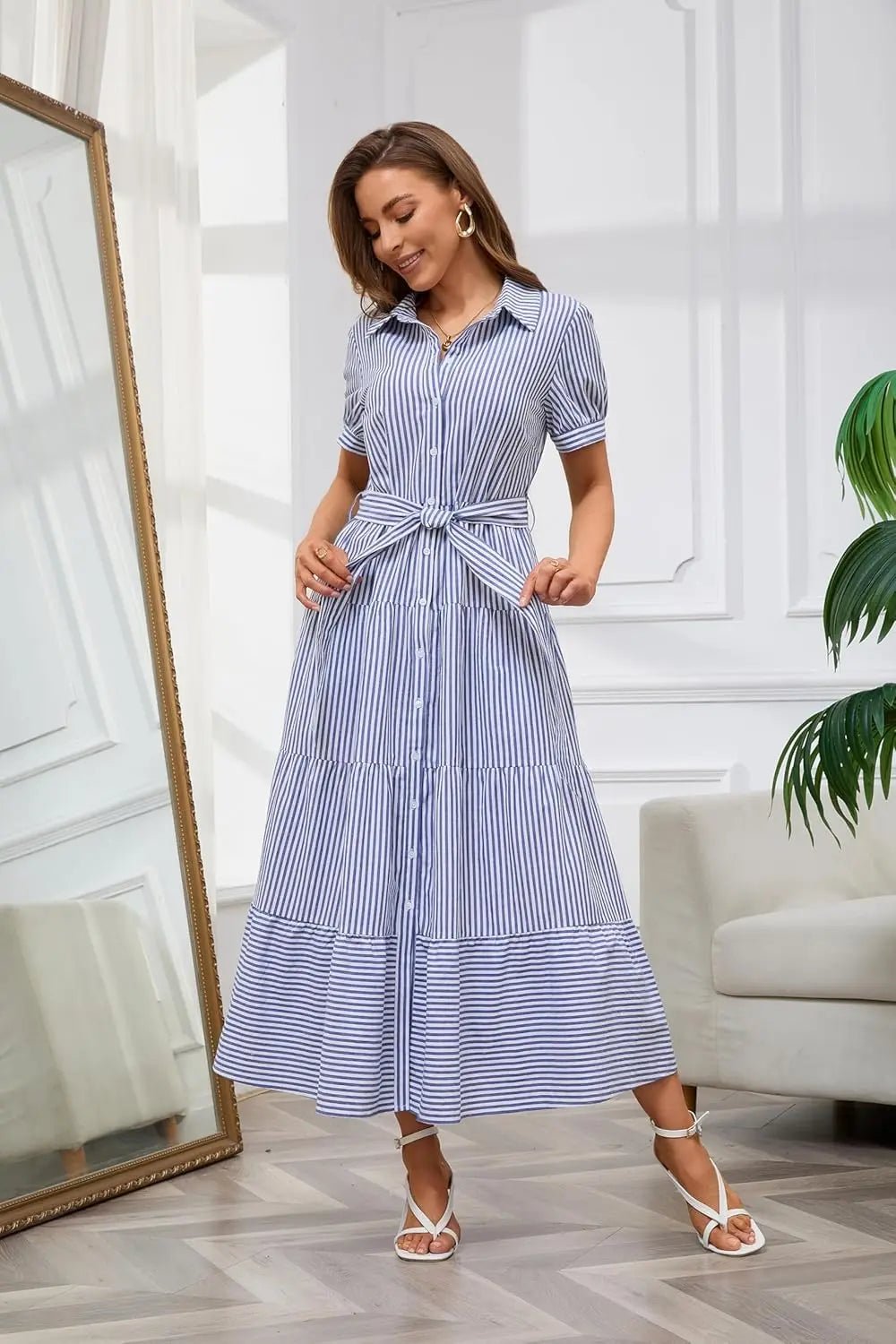 Effortless Striped Maxi Dress for Women with Collared Neck Short Sleeve Belted Casual Style