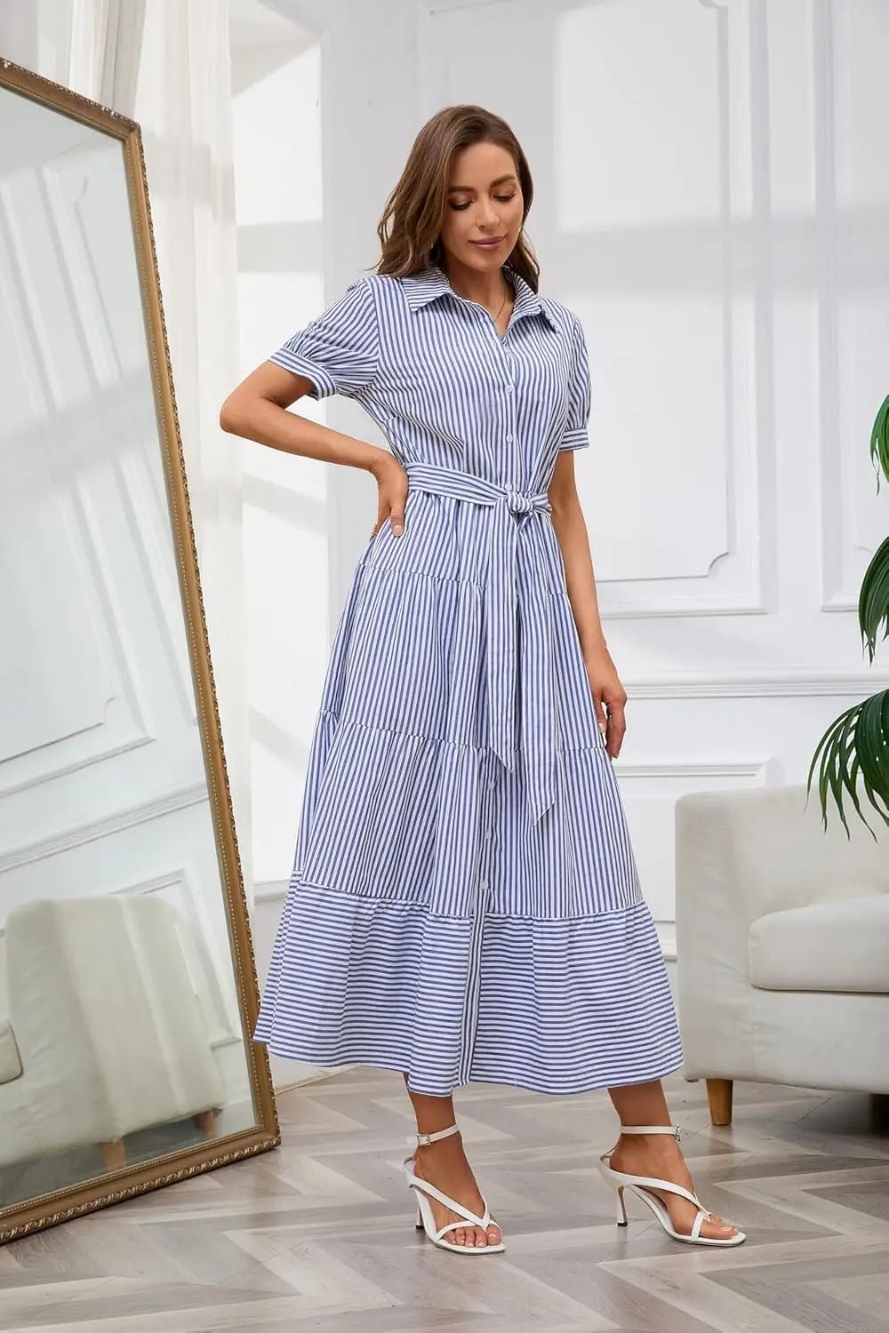 Effortless Striped Maxi Dress for Women with Collared Neck Short Sleeve Belted Casual Style