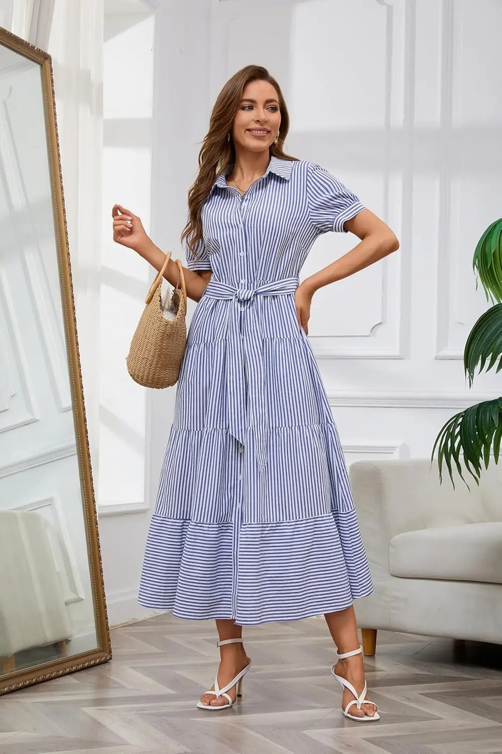 Effortless Striped Maxi Dress for Women with Collared Neck Short Sleeve Belted Casual Style