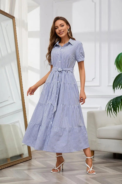 Effortless Striped Maxi Dress for Women with Collared Neck Short Sleeve Belted Casual Style