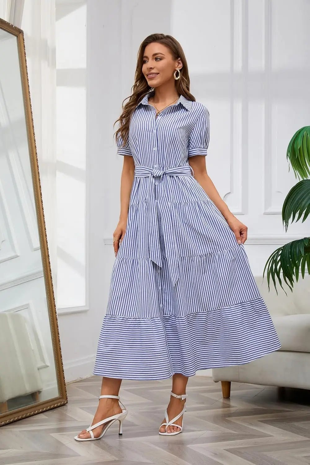 Effortless Striped Maxi Dress for Women with Collared Neck Short Sleeve Belted Casual Style