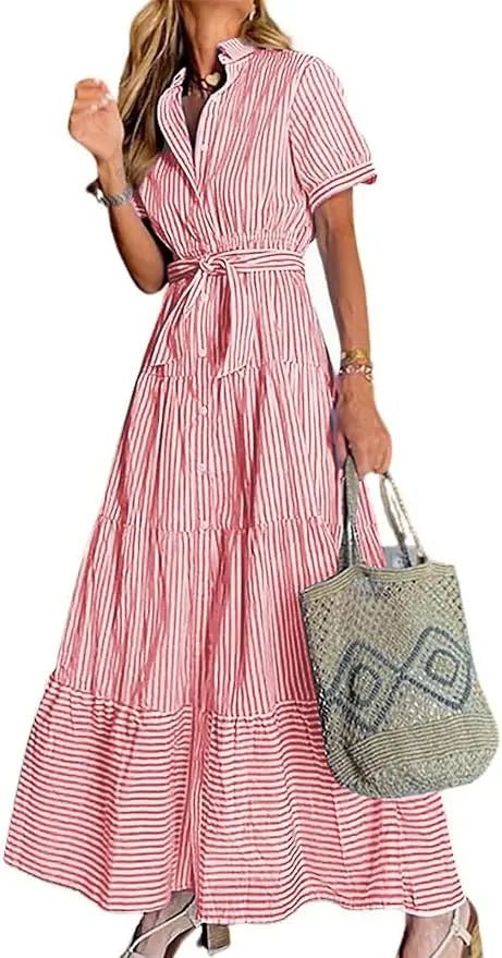 Effortless Striped Maxi Dress for Women with Collared Neck Short Sleeve Belted Casual Style