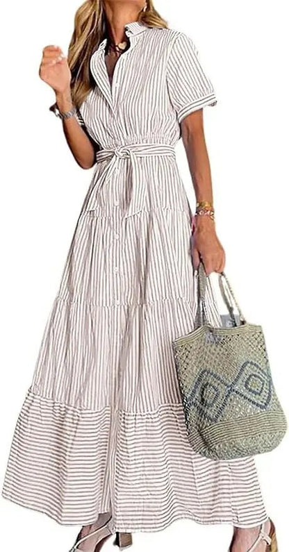 Effortless Striped Maxi Dress for Women with Collared Neck Short Sleeve Belted Casual Style