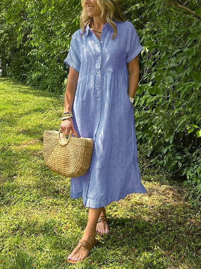 Effortless Shirt Dress for Women with Collared Neck Button Front Short Sleeve Relaxed Casual Style