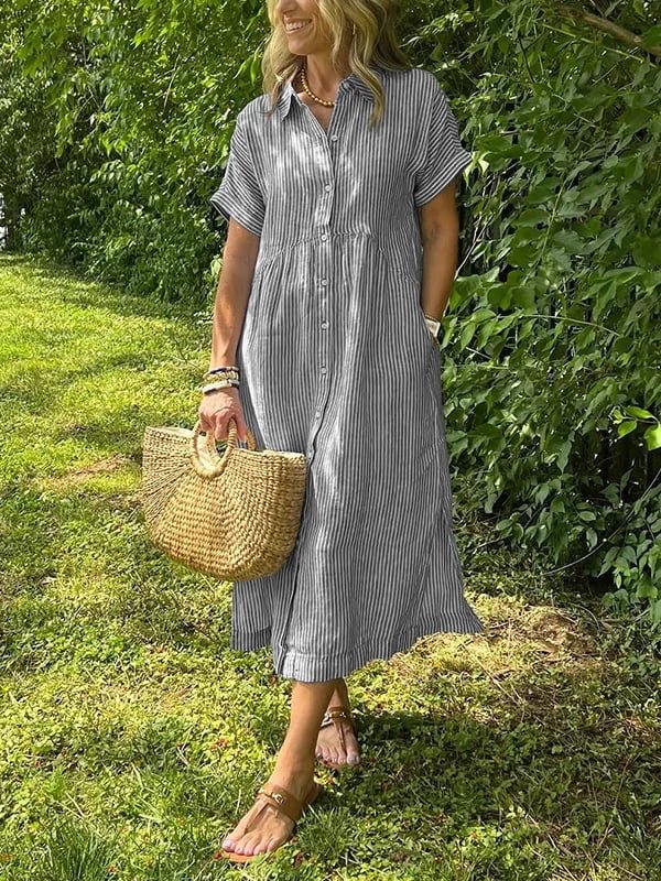Effortless Shirt Dress for Women with Collared Neck Button Front Short Sleeve Relaxed Casual Style