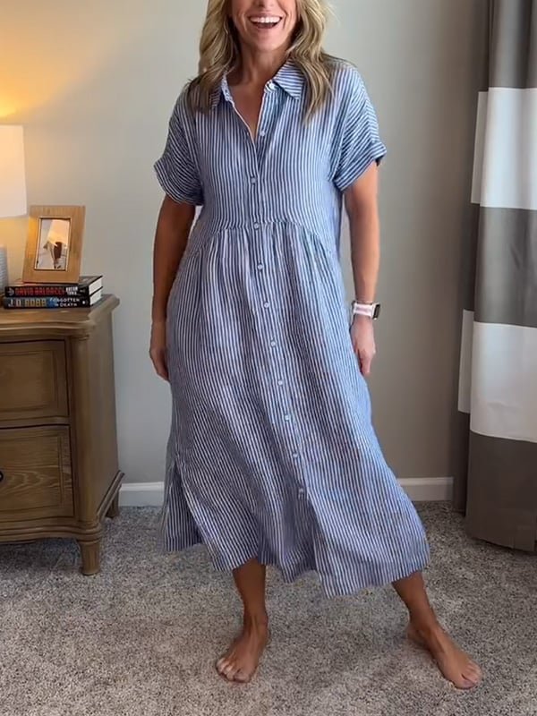 Effortless Shirt Dress for Women with Collared Neck Button Front Short Sleeve Relaxed Casual Style