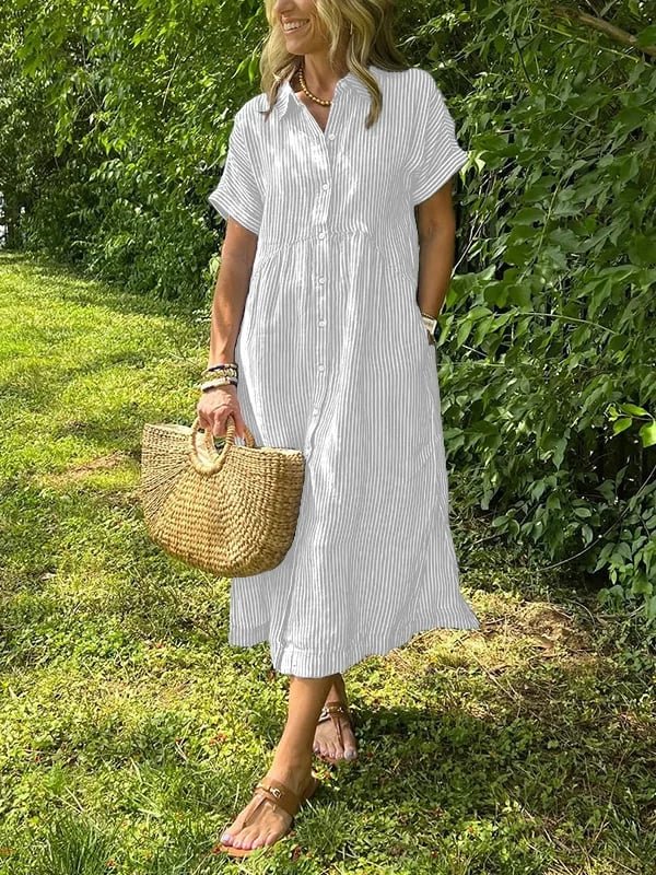 Effortless Shirt Dress for Women with Collared Neck Button Front Short Sleeve Relaxed Casual Style