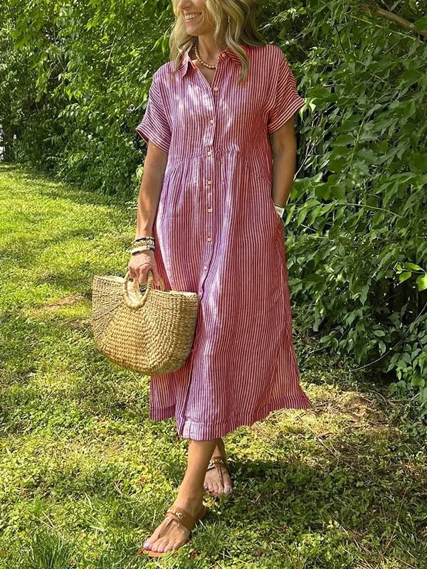 Effortless Shirt Dress for Women with Collared Neck Button Front Short Sleeve Relaxed Casual Style