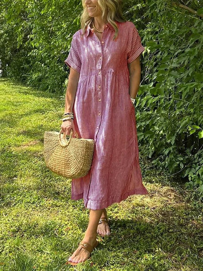 Effortless Shirt Dress for Women with Collared Neck Button Front Short Sleeve Relaxed Casual Style