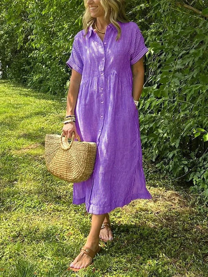 Effortless Shirt Dress for Women with Collared Neck Button Front Short Sleeve Relaxed Casual Style