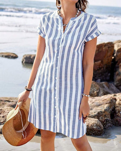 Effortless Striped Shirt Dress for Women with Button Front Short Sleeve Relaxed Casual Style