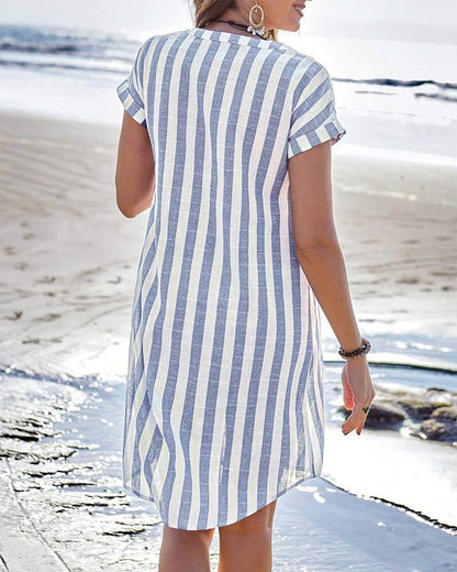 Effortless Striped Shirt Dress for Women with Button Front Short Sleeve Relaxed Casual Style