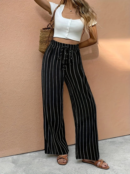 Effortless Linen Wide Leg Pants for Women with High Waist Drawstring Pinstripe Style
