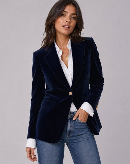 Elegant Velvet Blazer for Women with Notched Lapel Long Sleeve Gold Button Slim Fit Style