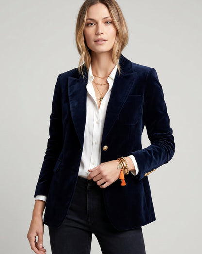 Elegant Velvet Blazer for Women with Notched Lapel Long Sleeve Gold Button Slim Fit Style