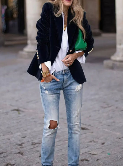 Elegant Velvet Blazer for Women with Notched Lapel Long Sleeve Gold Button Slim Fit Style