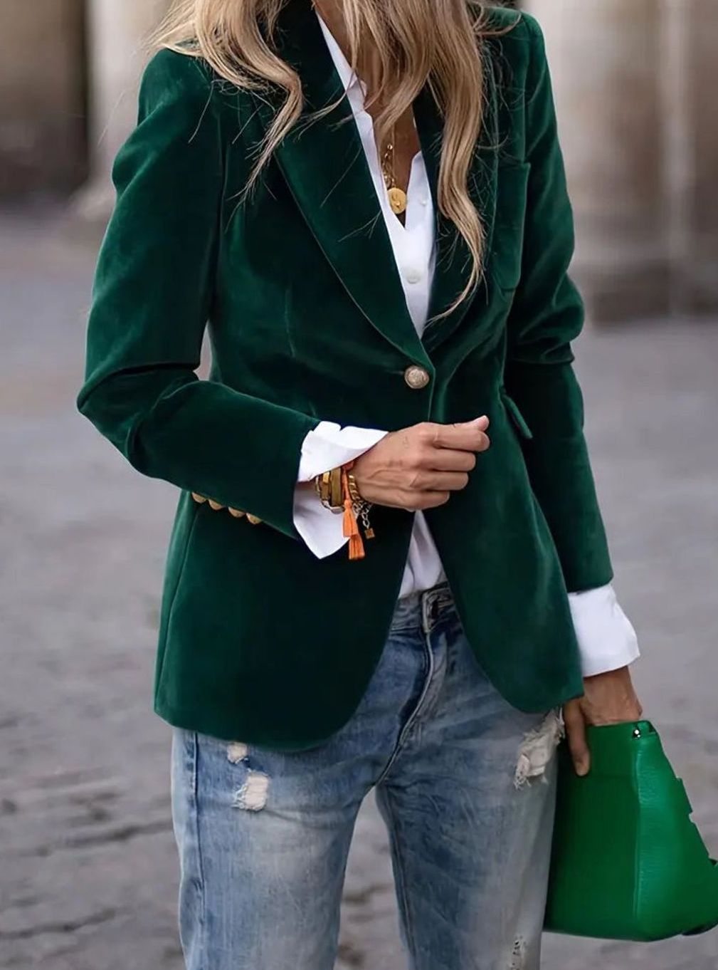 Elegant Velvet Blazer for Women with Notched Lapel Long Sleeve Gold Button Slim Fit Style