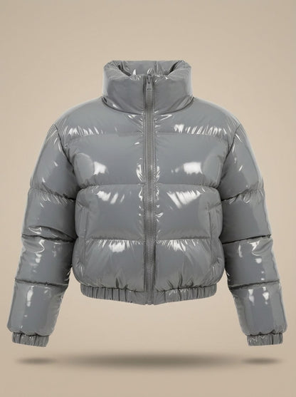 Cozy Cropped Puffer Jacket for Women with Stand Collar Long Sleeve Glossy Zip Winter Style