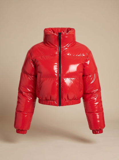 Cozy Cropped Puffer Jacket for Women with Stand Collar Long Sleeve Glossy Zip Winter Style