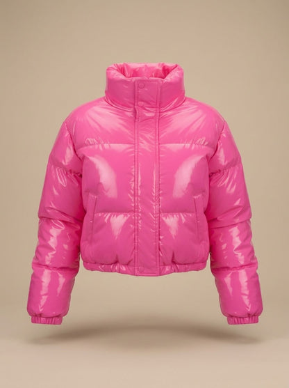 Cozy Cropped Puffer Jacket for Women with Stand Collar Long Sleeve Glossy Zip Winter Style