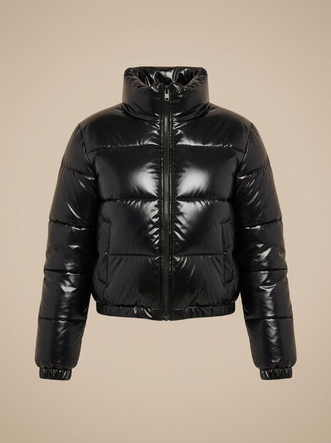 Cozy Cropped Puffer Jacket for Women with Stand Collar Long Sleeve Glossy Zip Winter Style