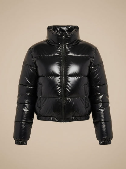 Cozy Cropped Puffer Jacket for Women with Stand Collar Long Sleeve Glossy Zip Winter Style