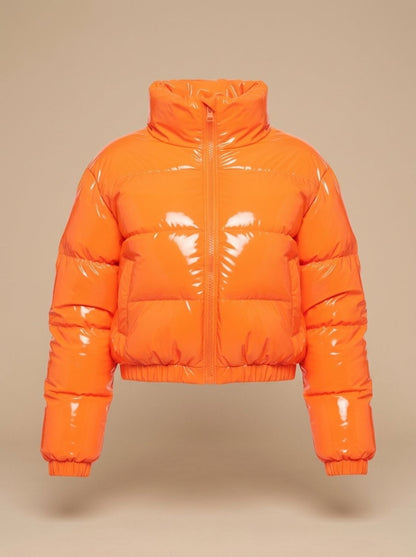 Cozy Cropped Puffer Jacket for Women with Stand Collar Long Sleeve Glossy Zip Winter Style