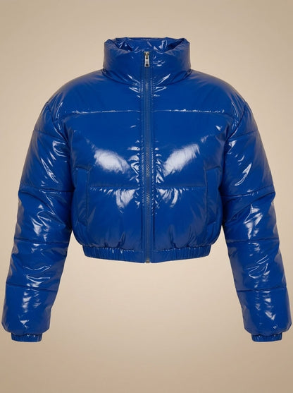 Cozy Cropped Puffer Jacket for Women with Stand Collar Long Sleeve Glossy Zip Winter Style