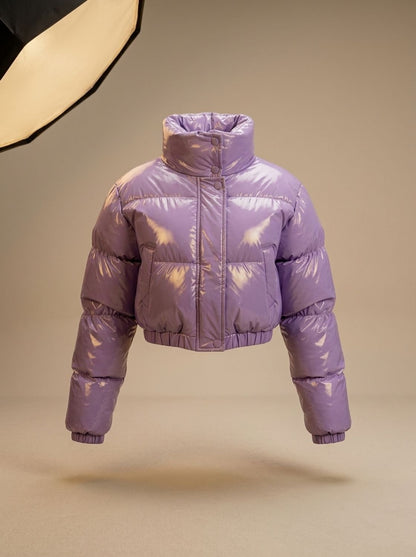 Cozy Cropped Puffer Jacket for Women with Stand Collar Long Sleeve Glossy Zip Winter Style