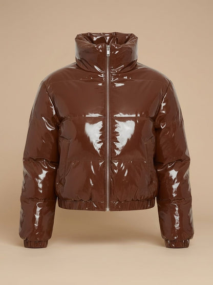 Cozy Cropped Puffer Jacket for Women with Stand Collar Long Sleeve Glossy Zip Winter Style
