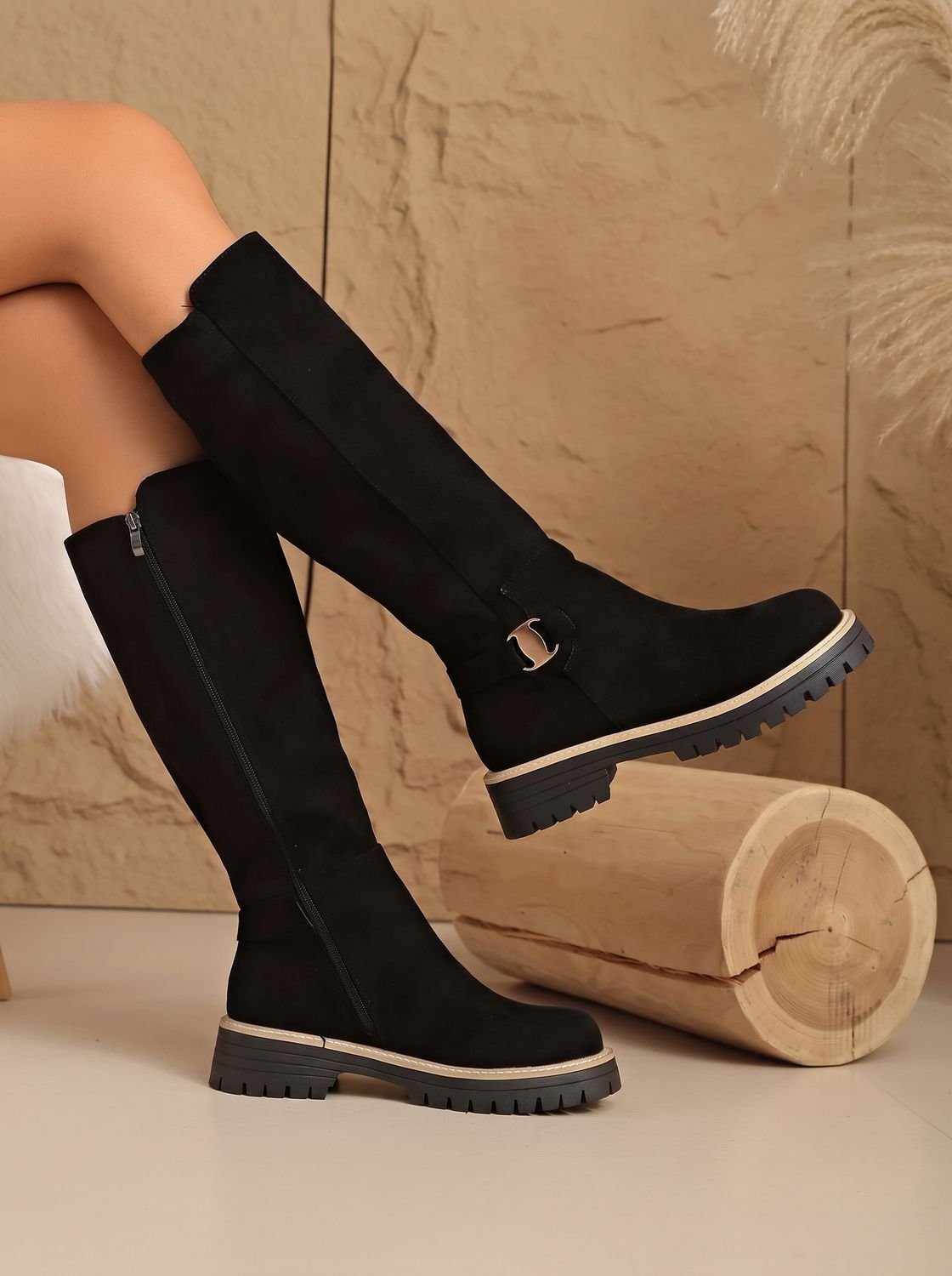 Chic Faux Suede Knee High Boots for Women with Buckle Accent Side-Zip Block Heel Round-Toe Style