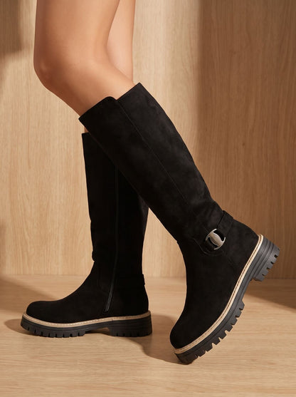 Chic Faux Suede Knee High Boots for Women with Buckle Accent Side-Zip Block Heel Round-Toe Style