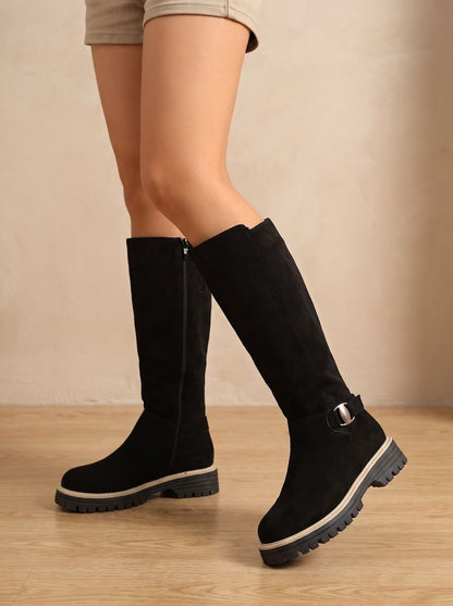 Chic Faux Suede Knee High Boots for Women with Buckle Accent Side-Zip Block Heel Round-Toe Style