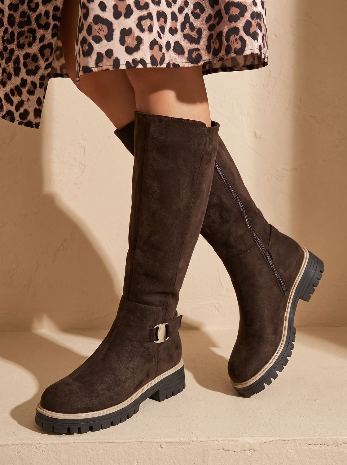 Chic Faux Suede Knee High Boots for Women with Buckle Accent Side-Zip Block Heel Round-Toe Style