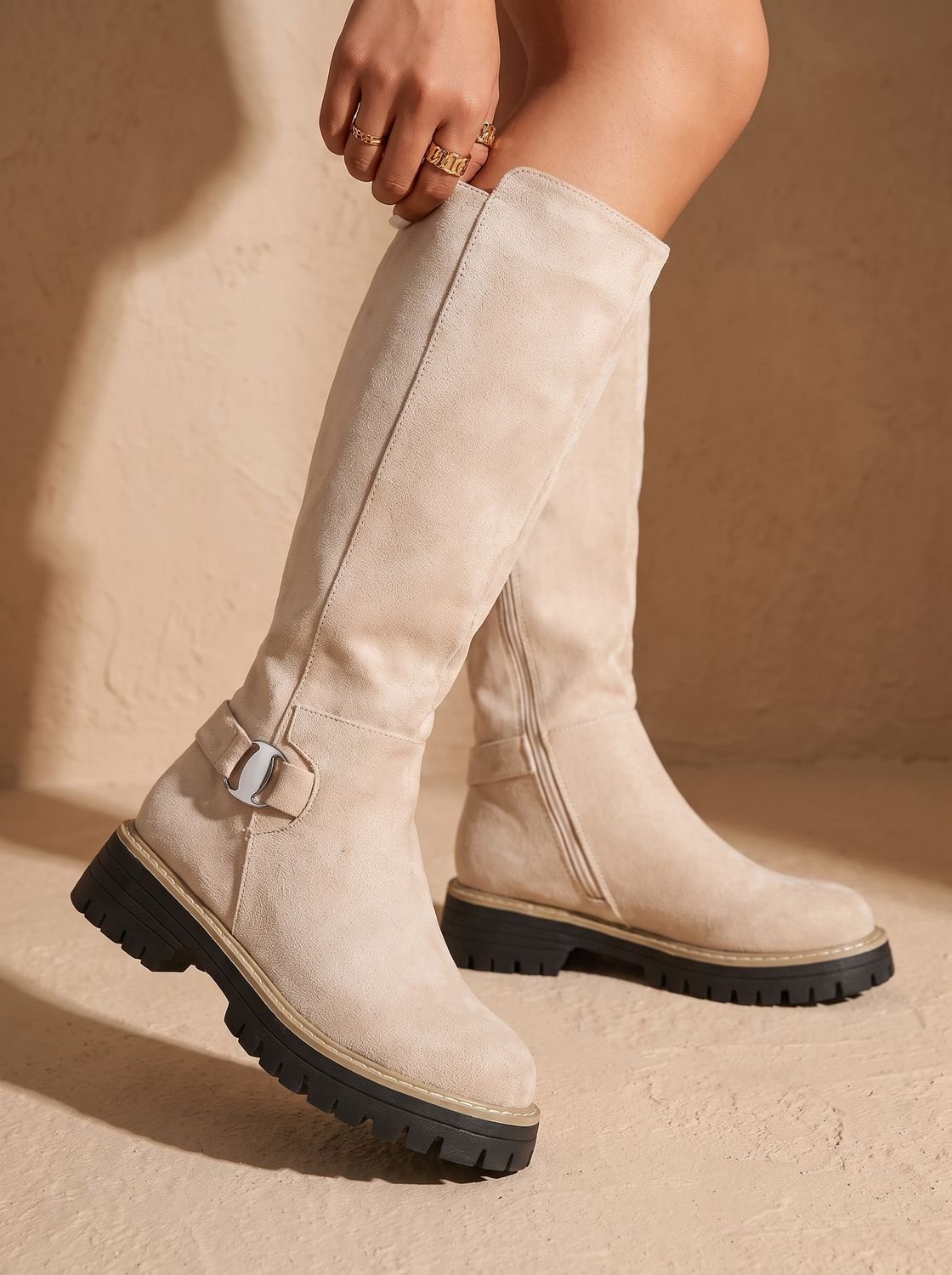 Chic Faux Suede Knee High Boots for Women with Buckle Accent Side-Zip Block Heel Round-Toe Style