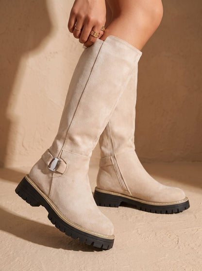 Chic Faux Suede Knee High Boots for Women with Buckle Accent Side-Zip Block Heel Round-Toe Style