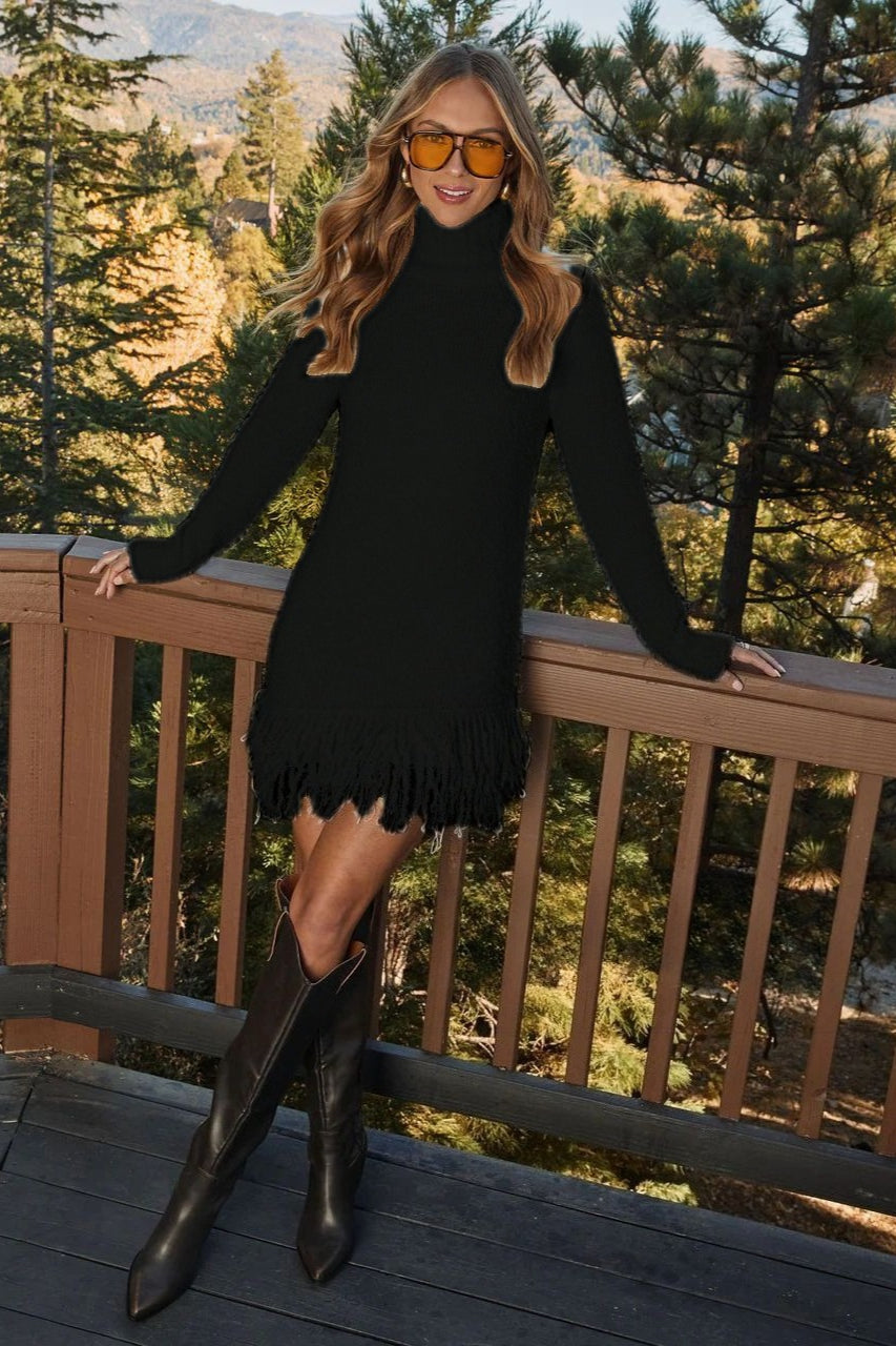 Cozy Fringe Hem Sweater Dress for Women with Turtleneck Long Sleeve Ribbed Knit Style