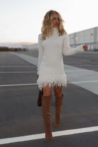 Cozy Fringe Hem Sweater Dress for Women with Turtleneck Long Sleeve Ribbed Knit Style