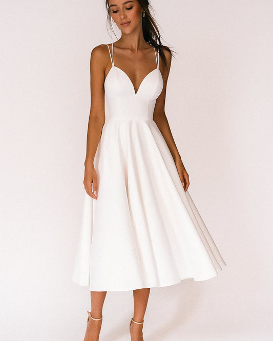 Effortless Midi Dress for Women with V Neck Spaghetti Strap Flowing A Line Style