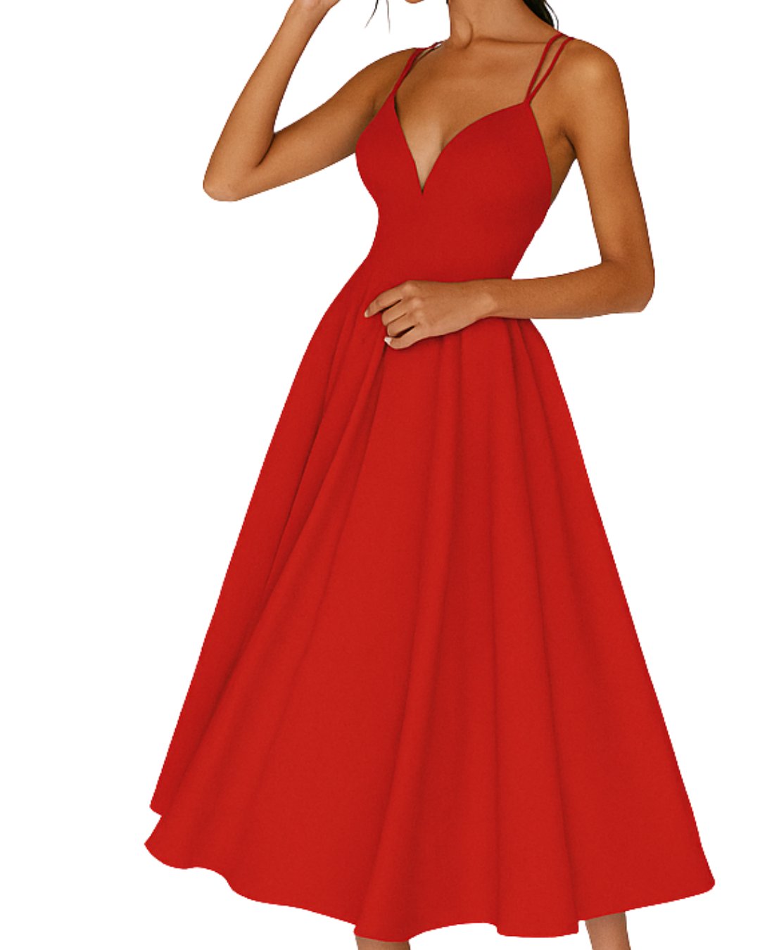 Effortless Midi Dress for Women with V Neck Spaghetti Strap Flowing A Line Style