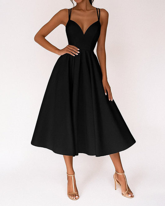 Effortless Black Tie Wedding Guest Dress for Women with V Neck Spaghetti Strap Flowing A Line Style