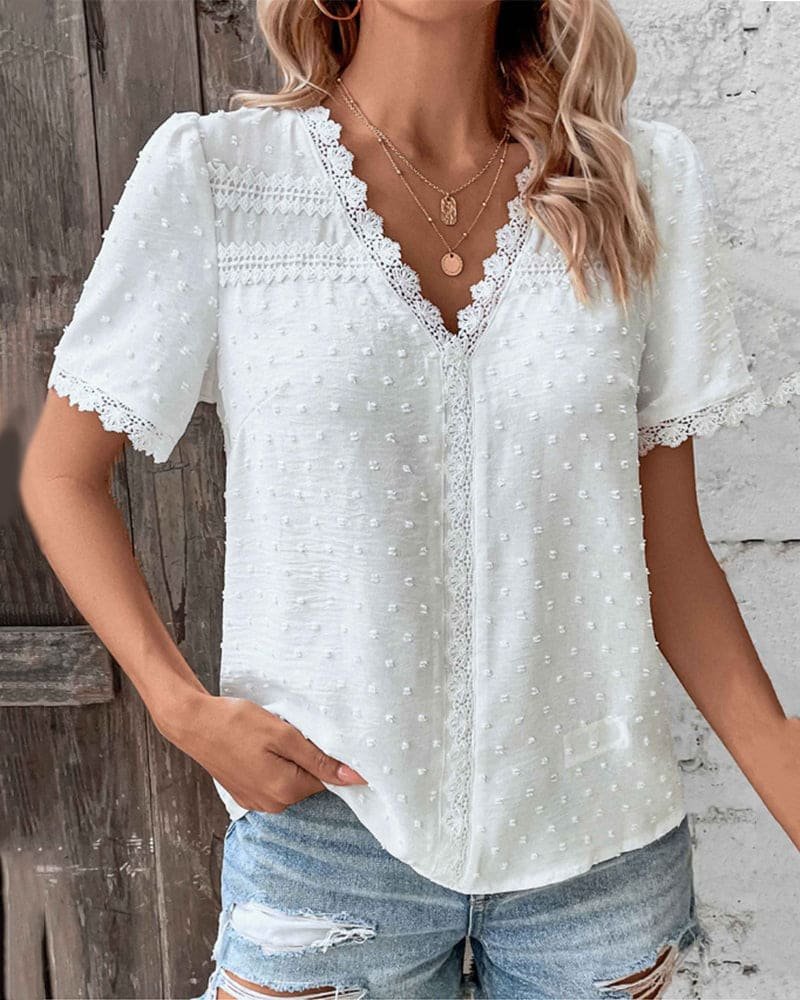 Effortless White Blouses For Women with Lace Trim Yoke Swiss Dot Short Sleeve Casual Style