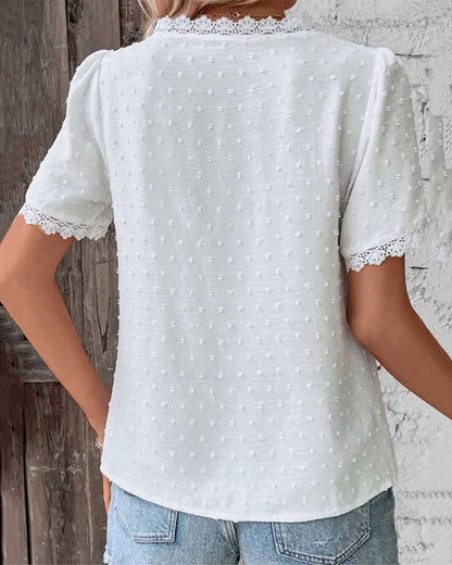 Effortless White Blouses For Women with Lace Trim Yoke Swiss Dot Short Sleeve Casual Style