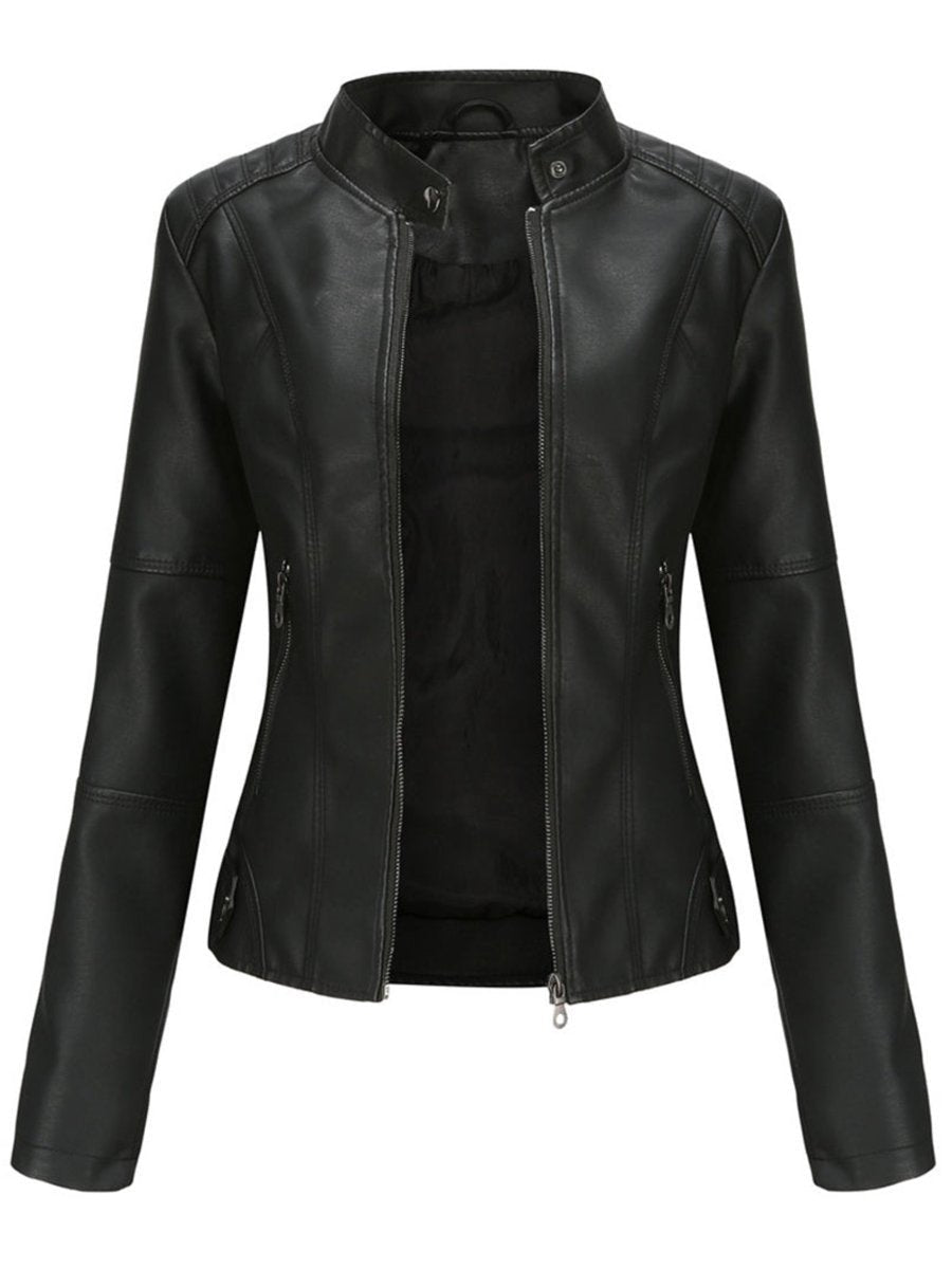 Elegant Faux Leather Jacket for Women with Stand Collar Long Sleeve Zip Front Fitted Moto Style