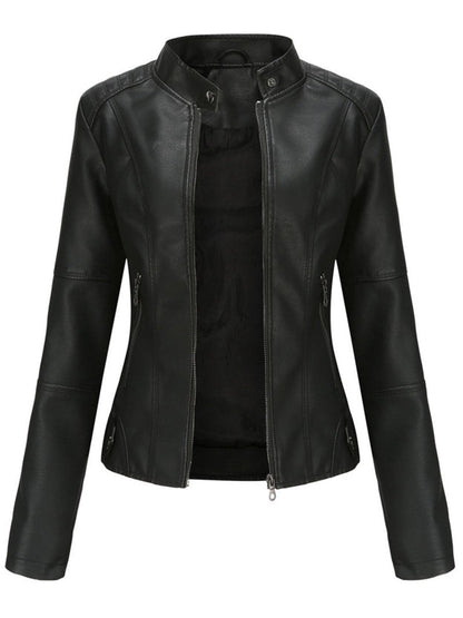 Elegant Faux Leather Jacket for Women with Stand Collar Long Sleeve Zip Front Fitted Moto Style
