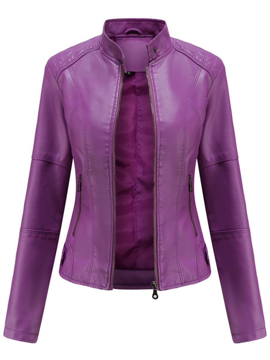 Elegant Faux Leather Jacket for Women with Stand Collar Long Sleeve Zip Front Fitted Moto Style